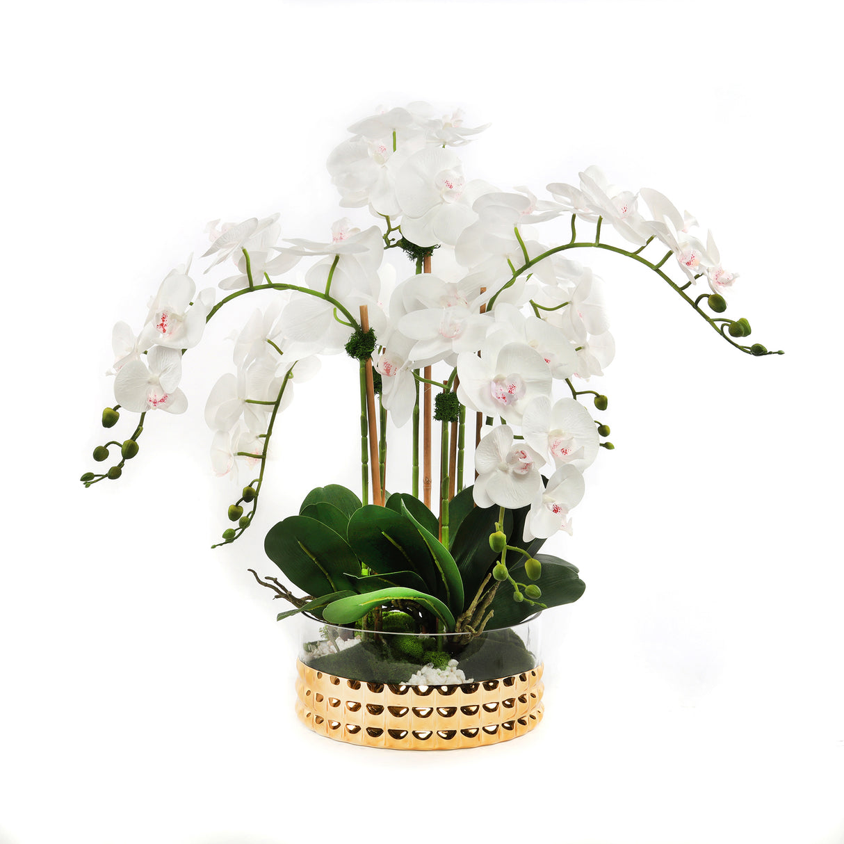 Sophisticated White Silk Real Touch Orchid Arrangement in a Glass Gold Round Bowl#F-175