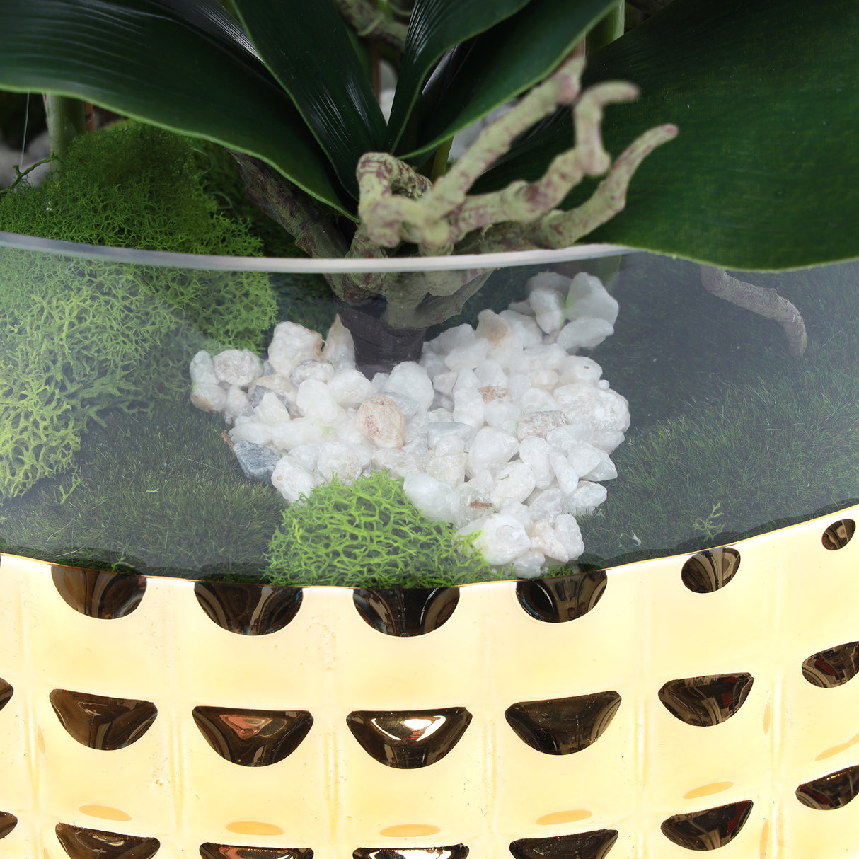 Sophisticated White Silk Real Touch Orchid Arrangement in a Glass Gold Round Bowl#F-175