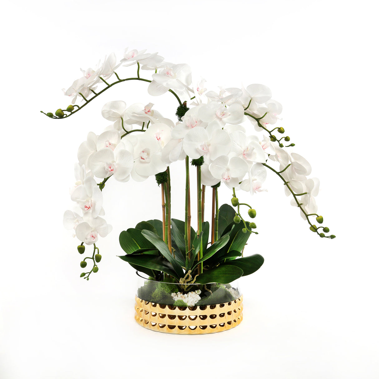Sophisticated White Silk Real Touch Orchid Arrangement in a Glass Gold Round Bowl#F-175