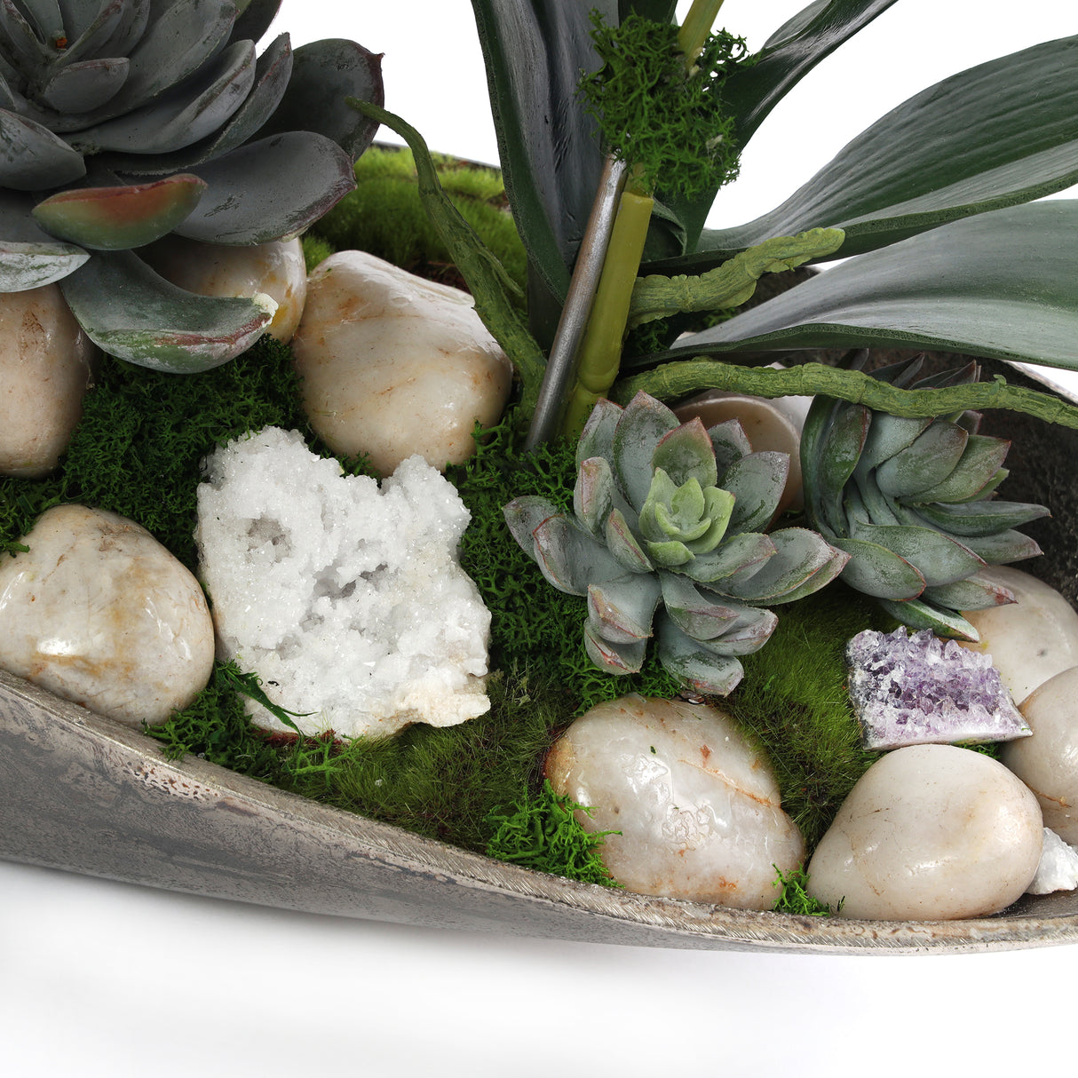 Cream White Real Touch Phalaenopsis Orchids in Large Metal Tray #F-189