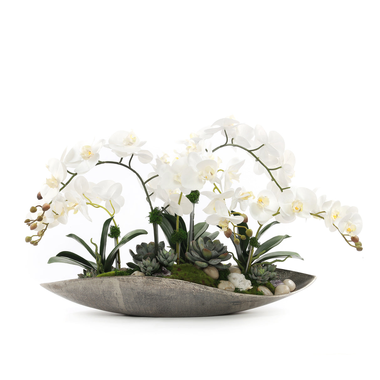 Cream White Real Touch Phalaenopsis Orchids in Large Metal Tray #F-189