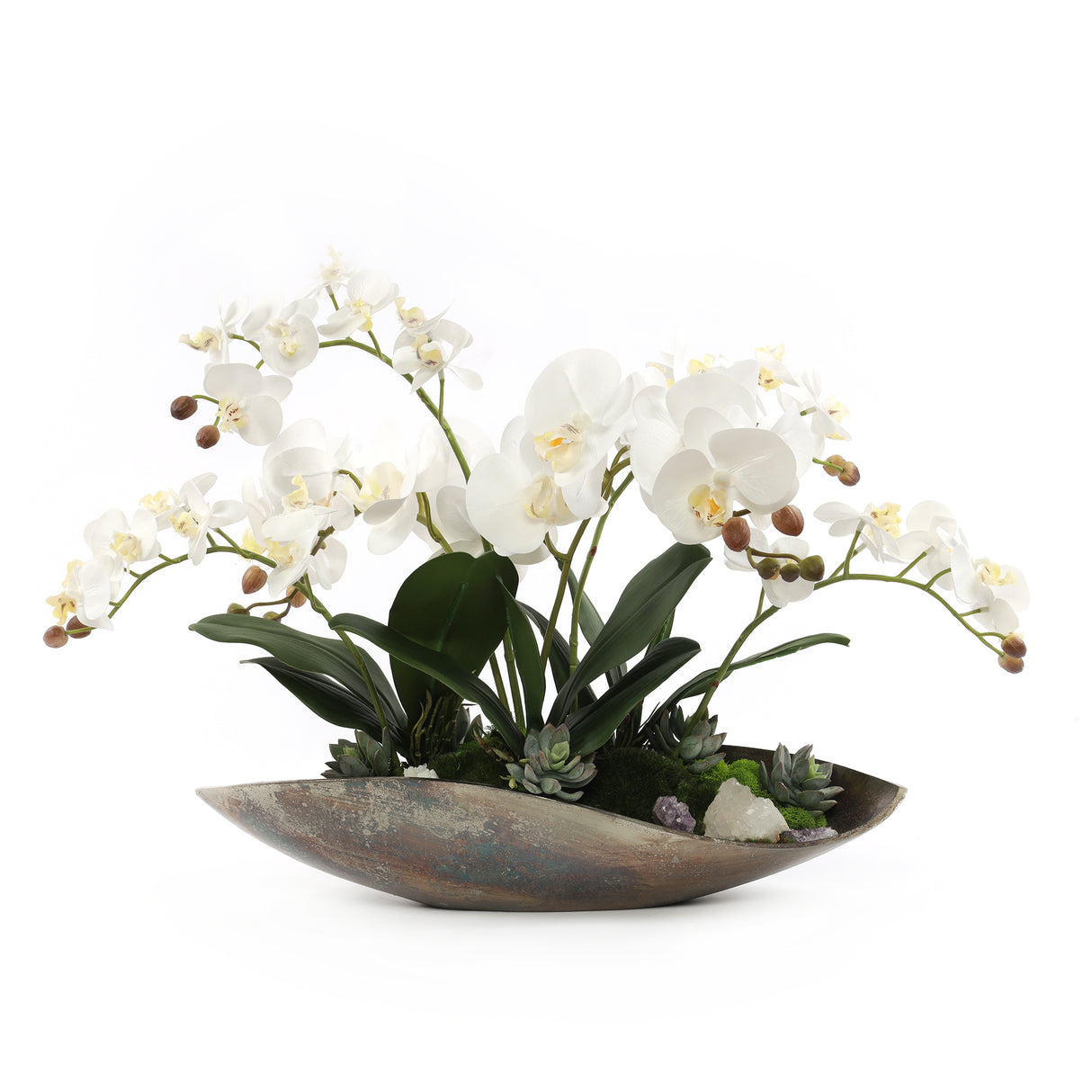 Cream White Orchids Faux Arrangement in Small Metal Tray #F-190