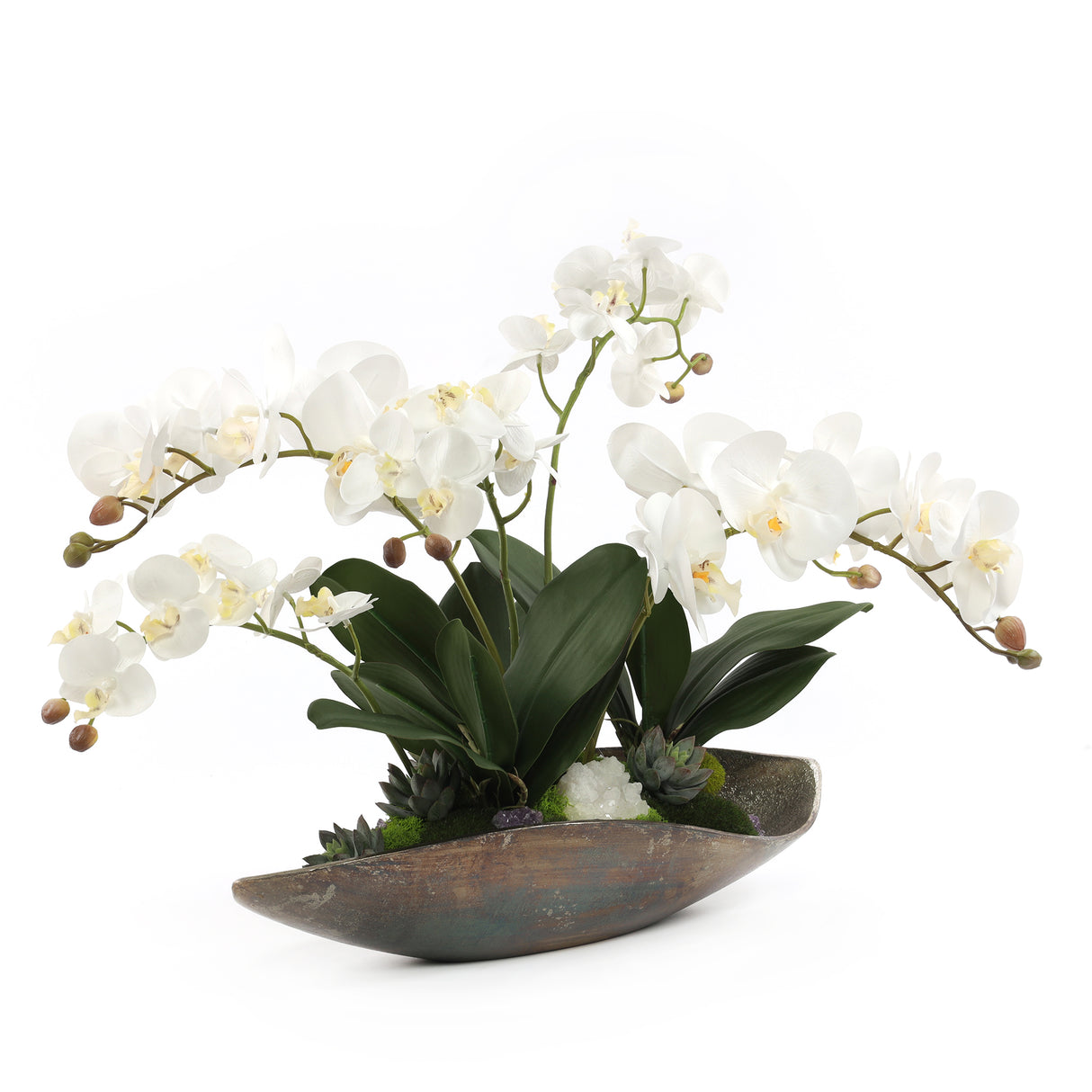 Cream White Orchids Faux Arrangement in Small Metal Tray #F-190