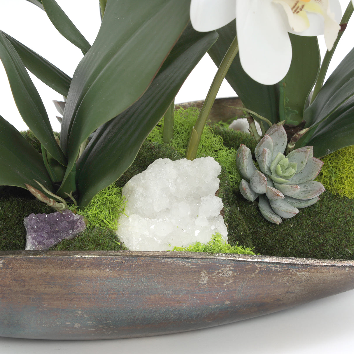 Cream White Orchids Faux Arrangement in Small Metal Tray #F-190