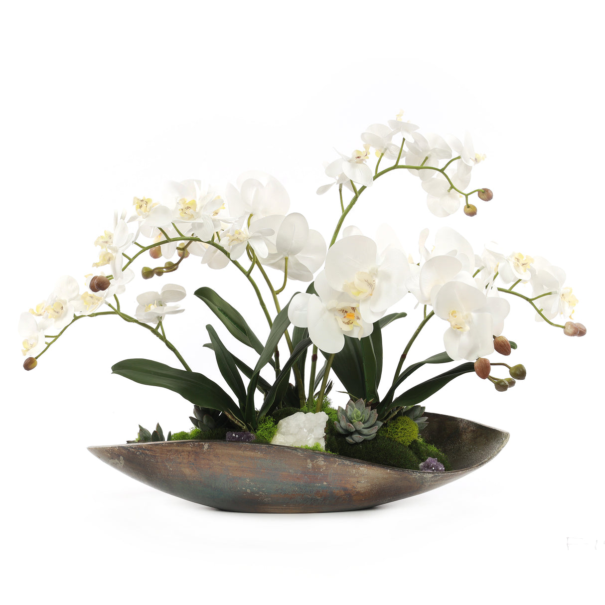 Cream White Orchids Faux Arrangement in Small Metal Tray #F-190