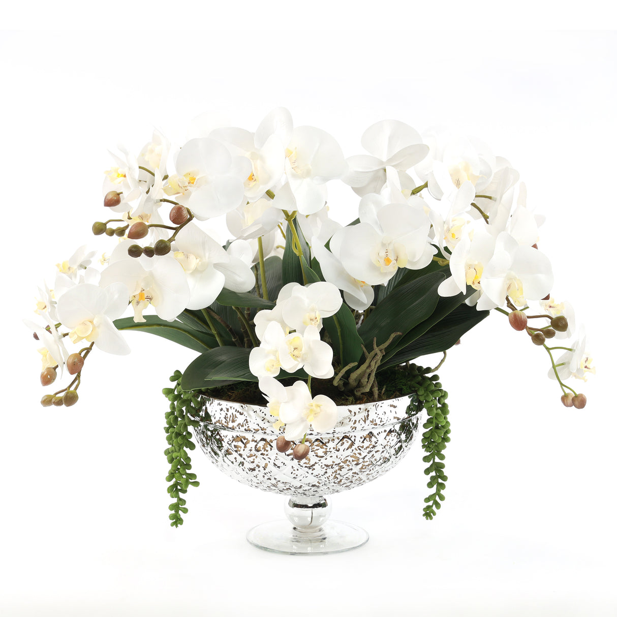 Faux White Orchid Arrangement in Antique Silver Glass Vase #F-197
