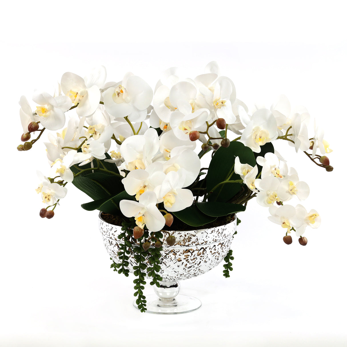 Faux White Orchid Arrangement in Antique Silver Glass Vase #F-197