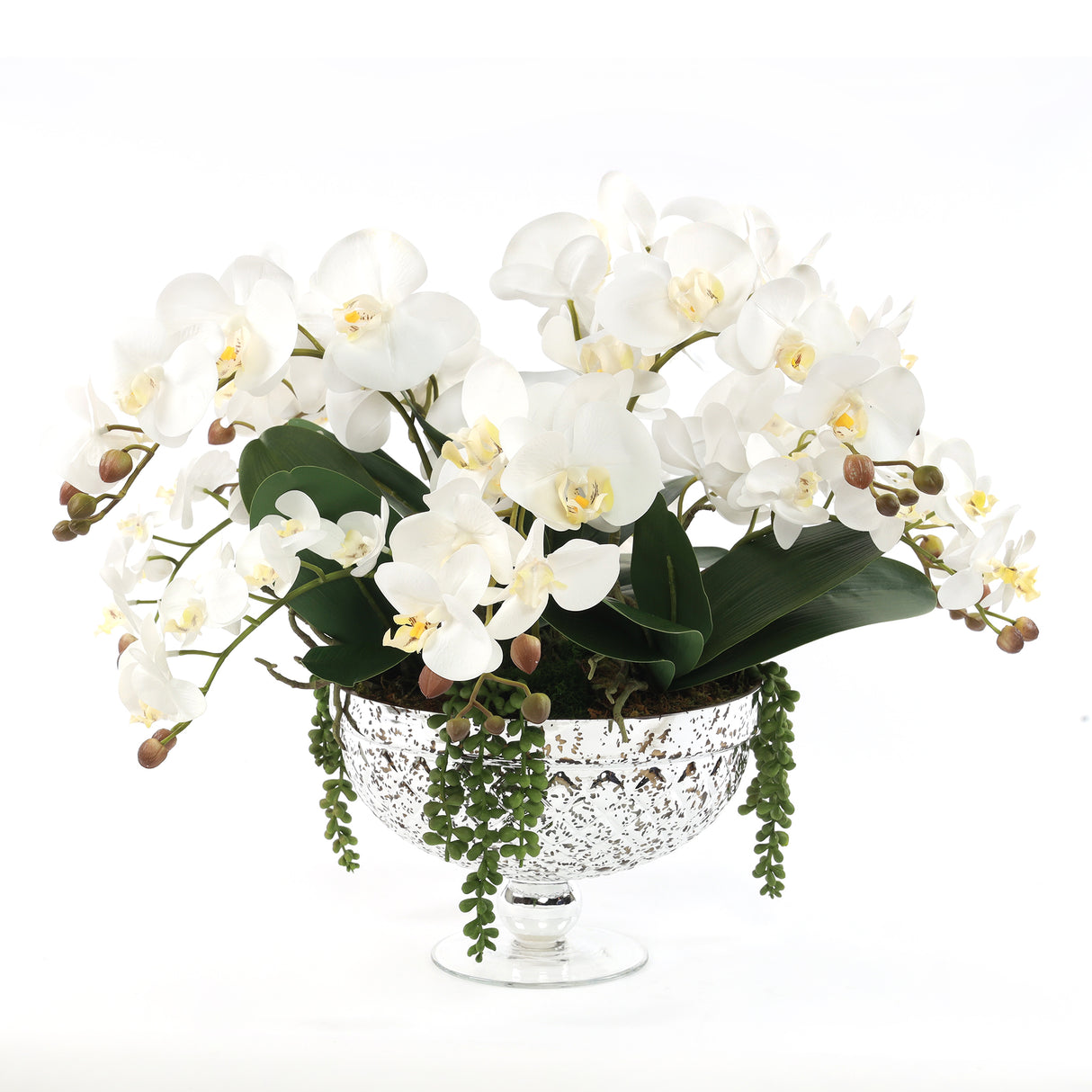 Faux White Orchid Arrangement in Antique Silver Glass Vase #F-197