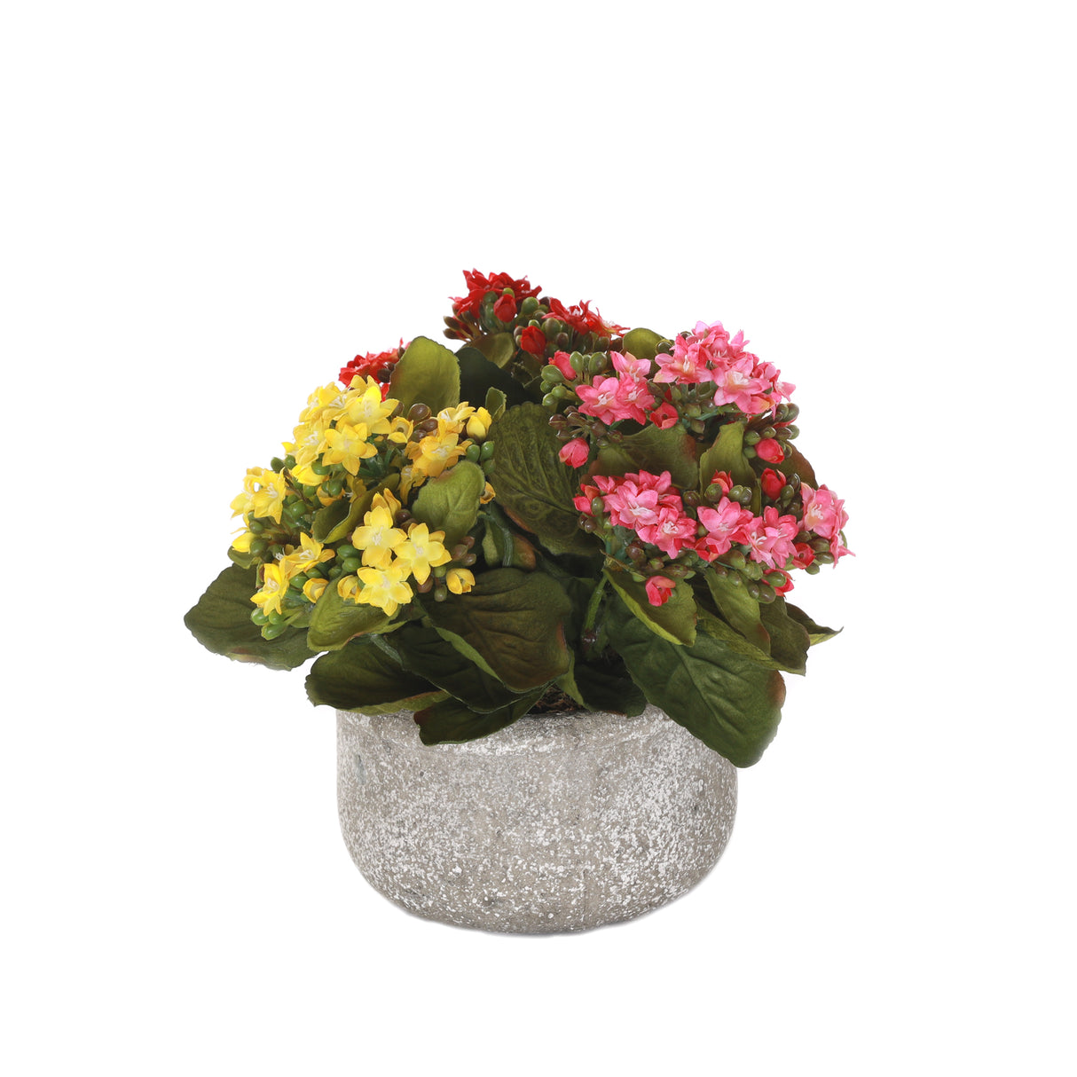 Kalanchoe Silk Flower Bushes Red Rose Yellow in Stone Round Pot #F-212