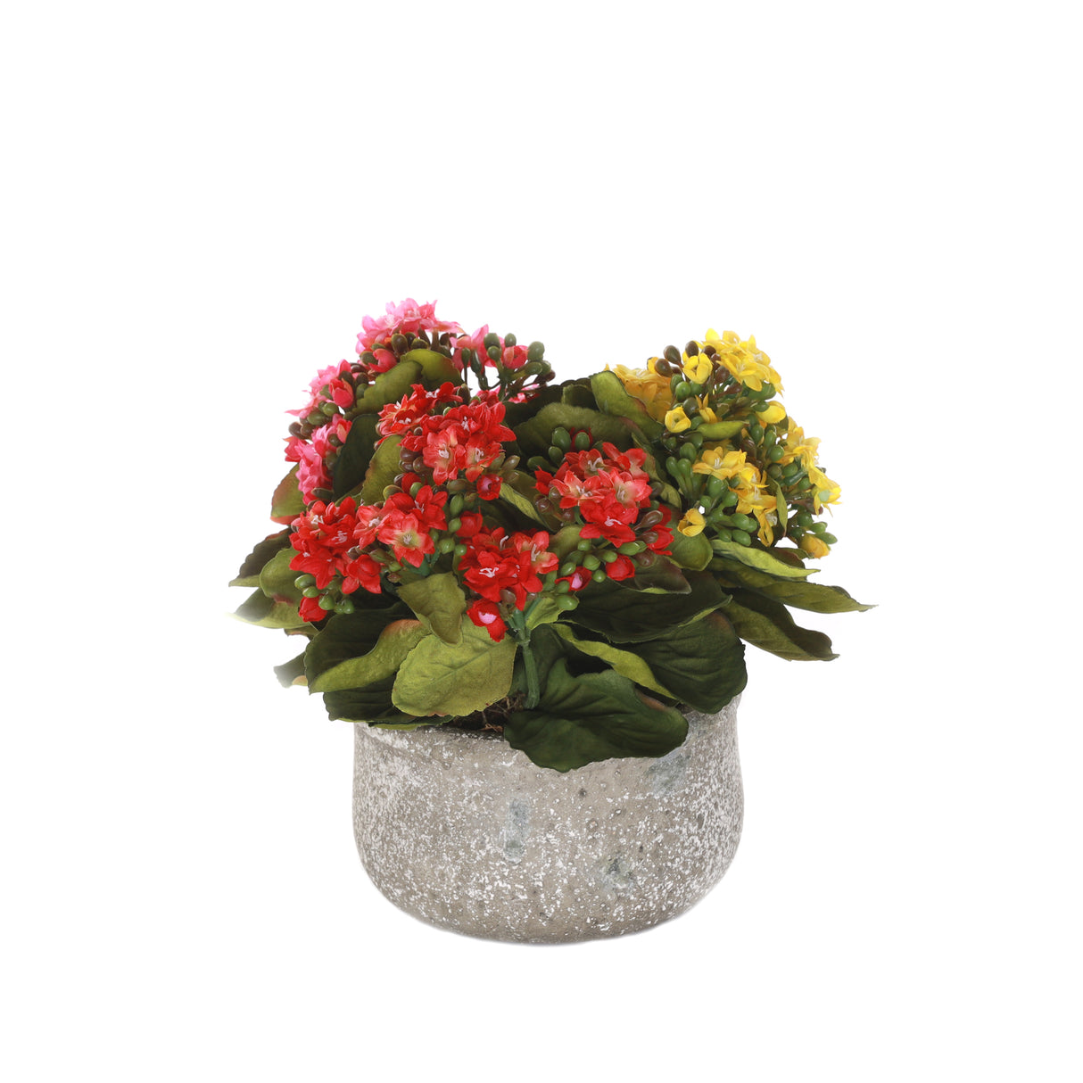 Kalanchoe Silk Flower Bushes Red Rose Yellow in Stone Round Pot #F-212