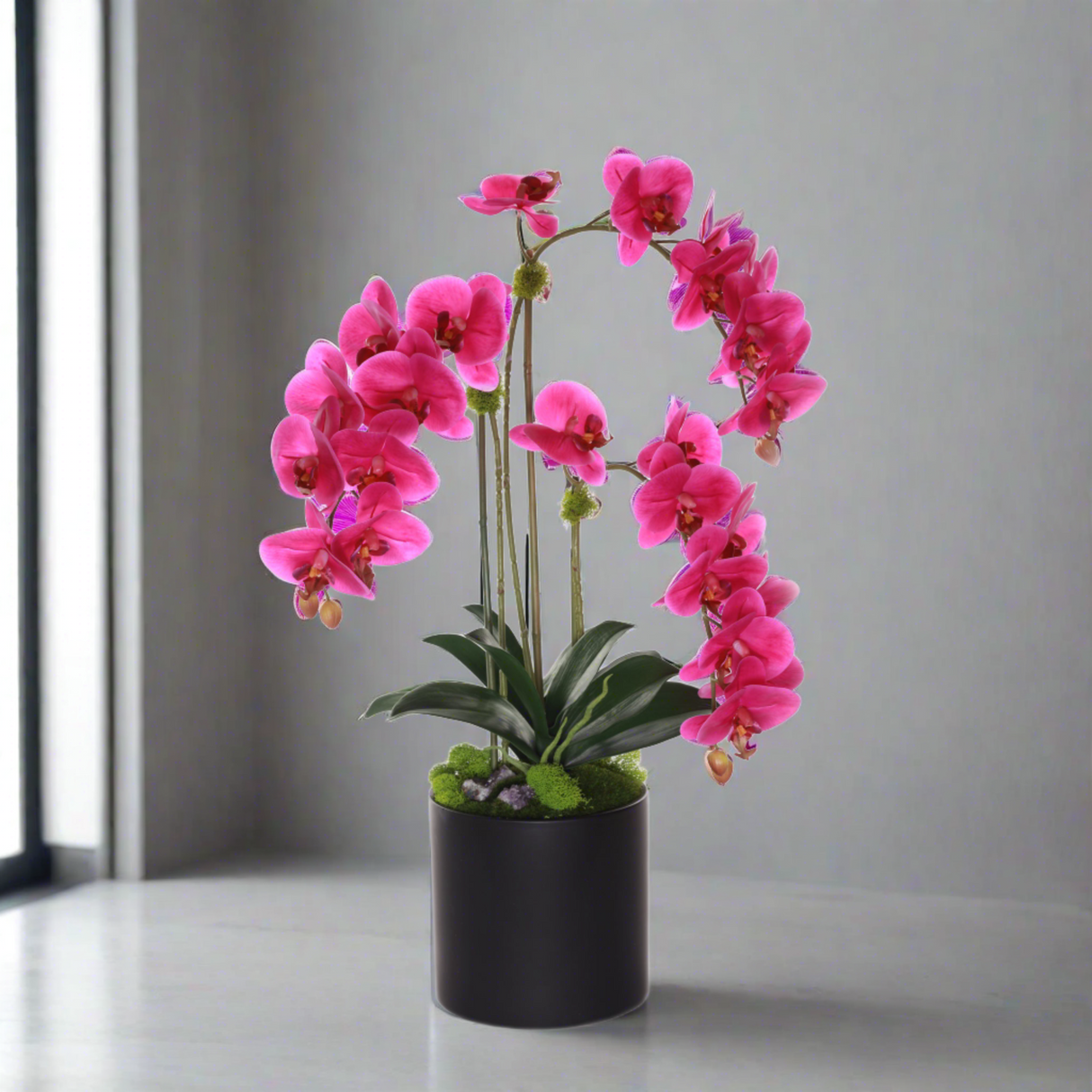 Purple Real Touch Orchid with Amethyst in Black Cylinder Pot #F-215