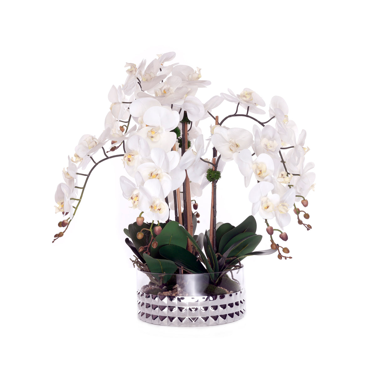 Real Touch Phalaenopsis Orchids /Moss/pebbles in Glass Silver Bowl #F-222