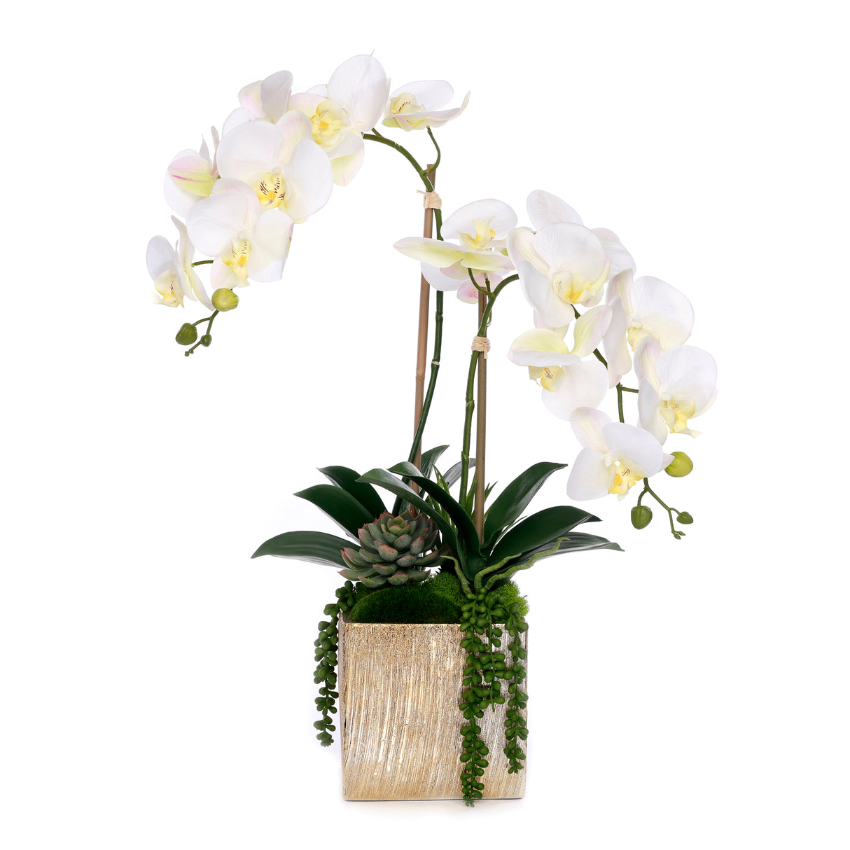 Real Touch Orchid Flower Arrangement in Cube Nickel Pot #F-230