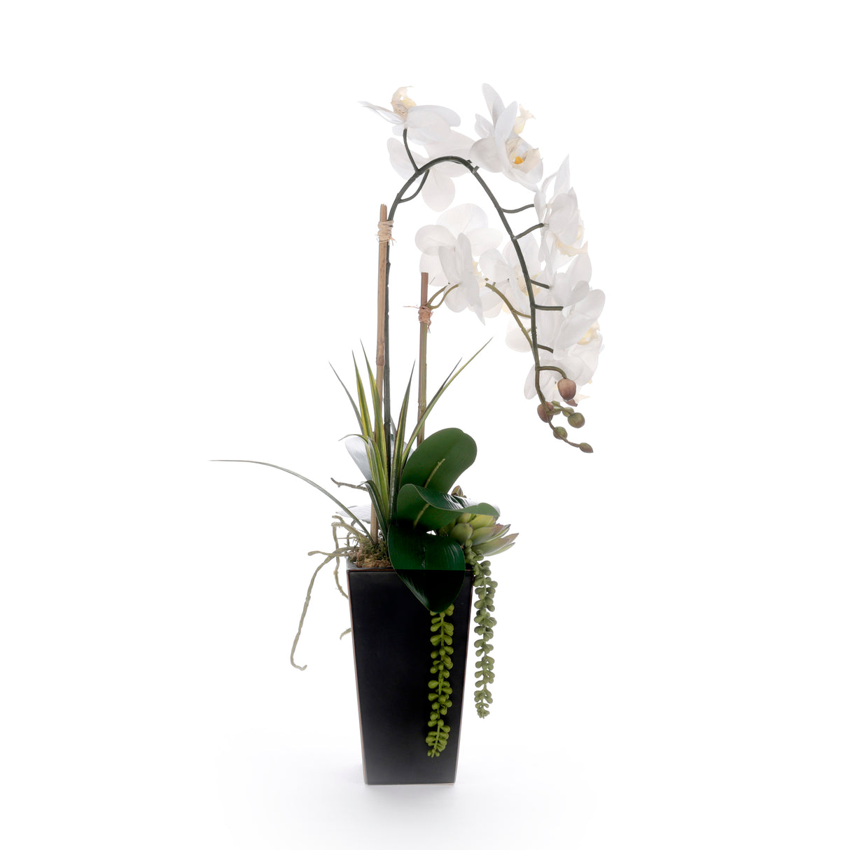 Real Touch White Orchid Flower Arrangement in Black Pot #F-239