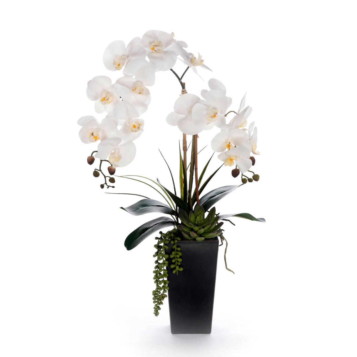 Real Touch White Orchid Flower Arrangement in Black Pot #F-239
