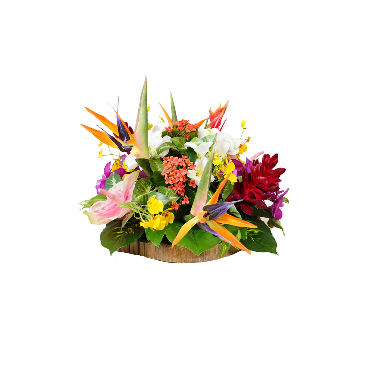 Tropical Artifical Flower Arrangement in Teak Wood Plate #F-246