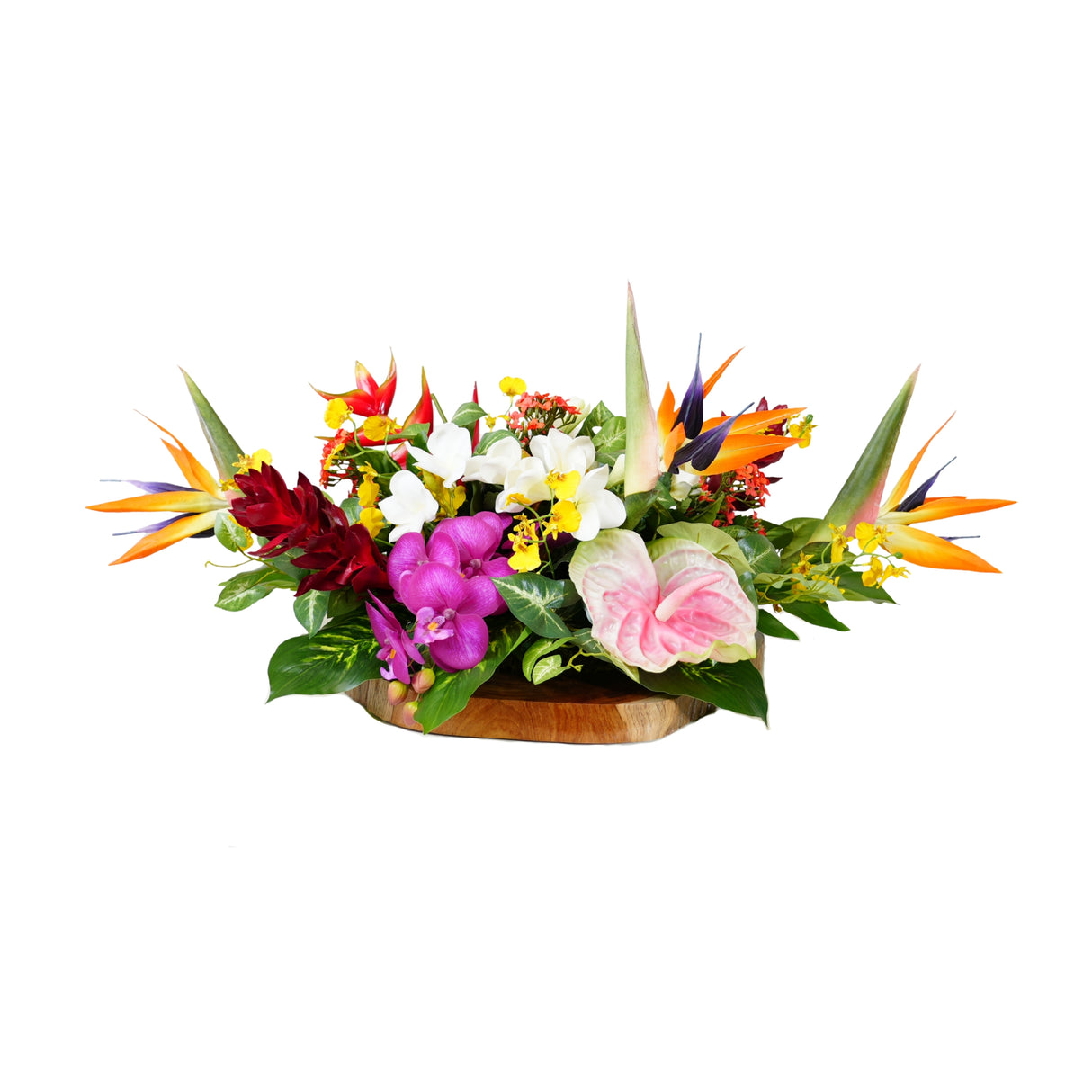 Tropical Artifical Flower Arrangement in Teak Wood Plate #F-246