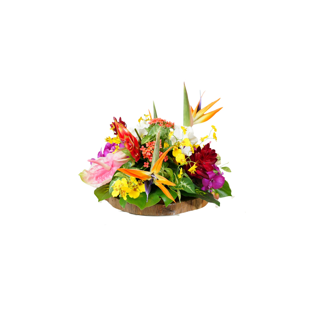 Tropical Artifical Flower Arrangement in Teak Wood Plate #F-246