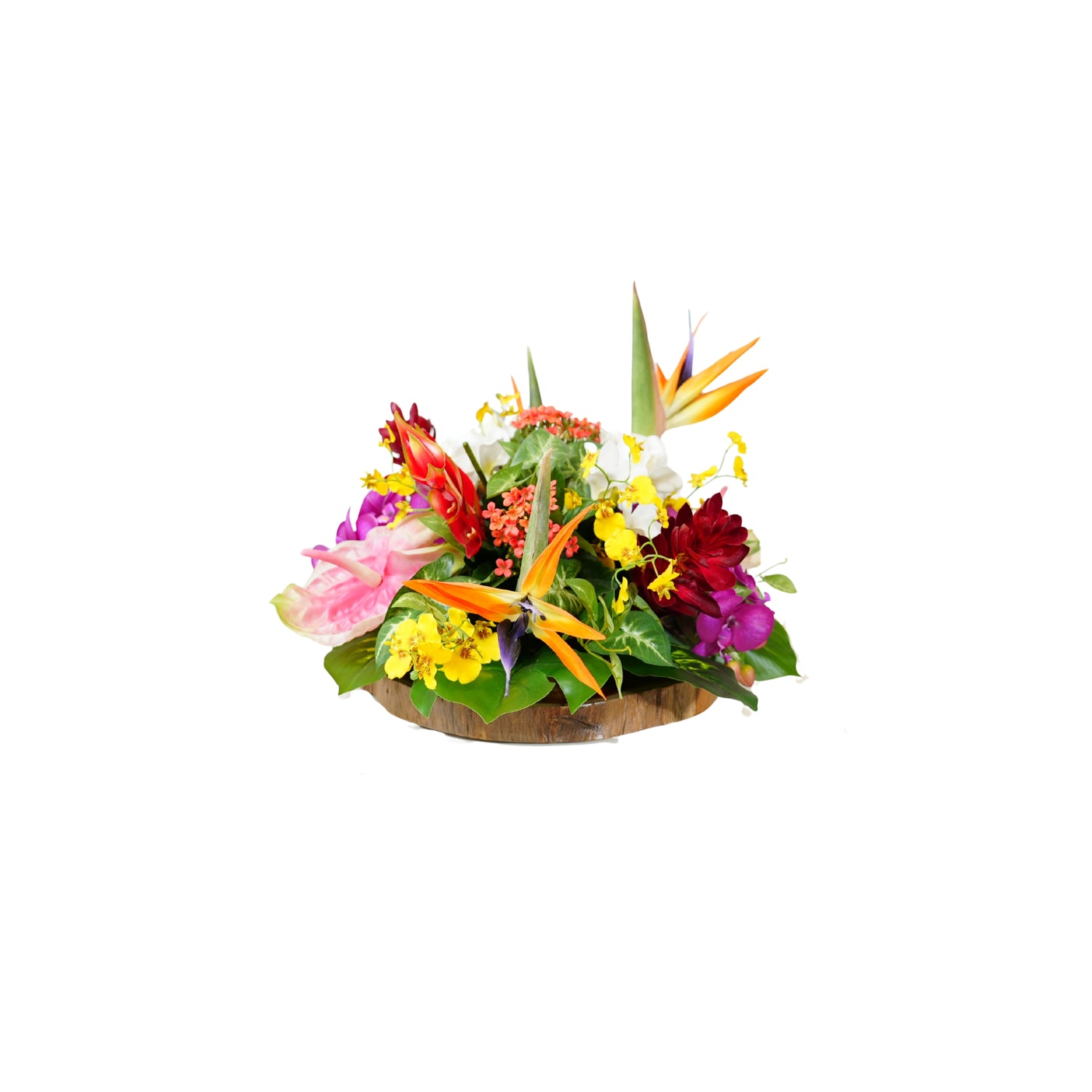 Tropical Artifical Flower Arrangement in Teak Wood Plate #F-246