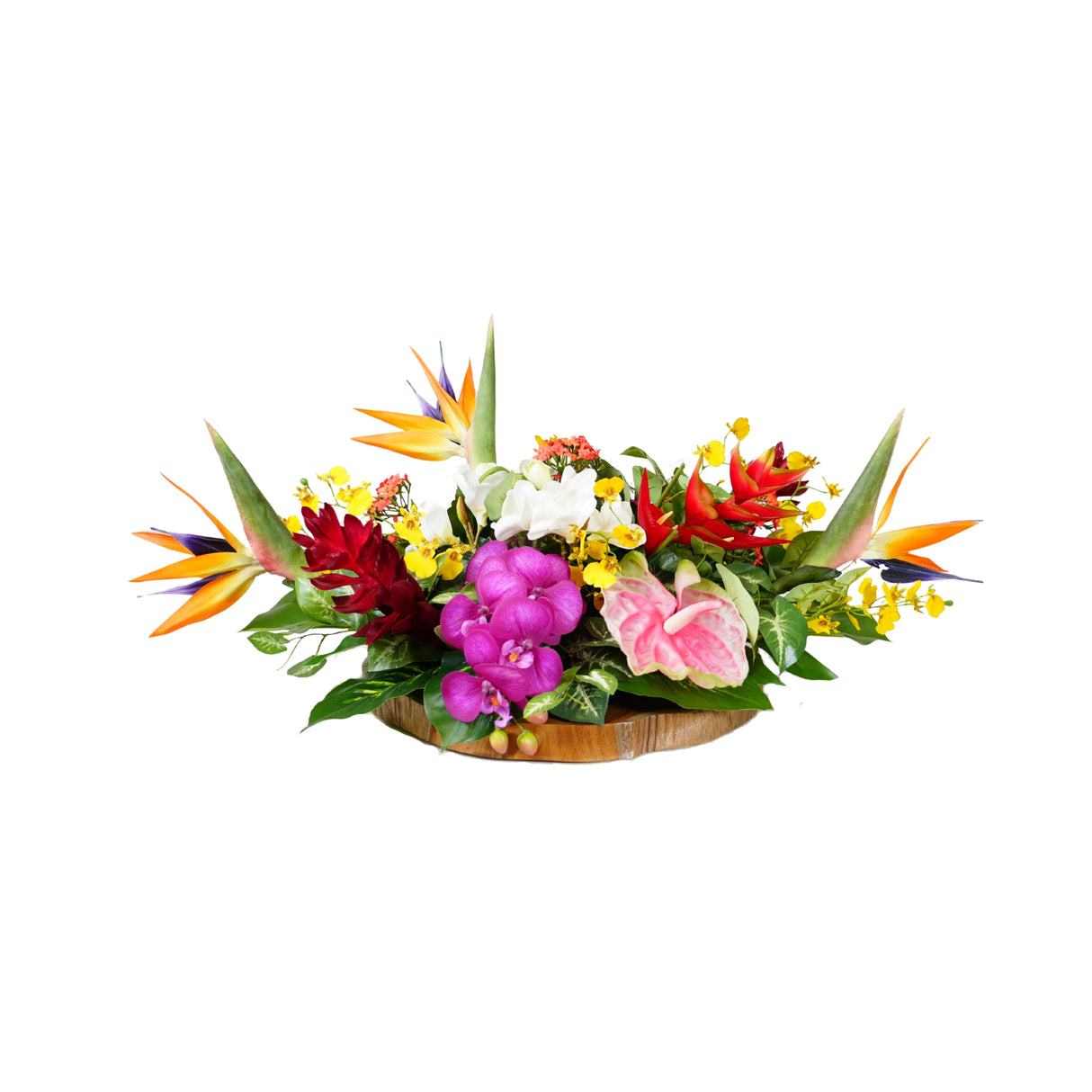 Tropical Artifical Flower Arrangement in Teak Wood Plate #F-246