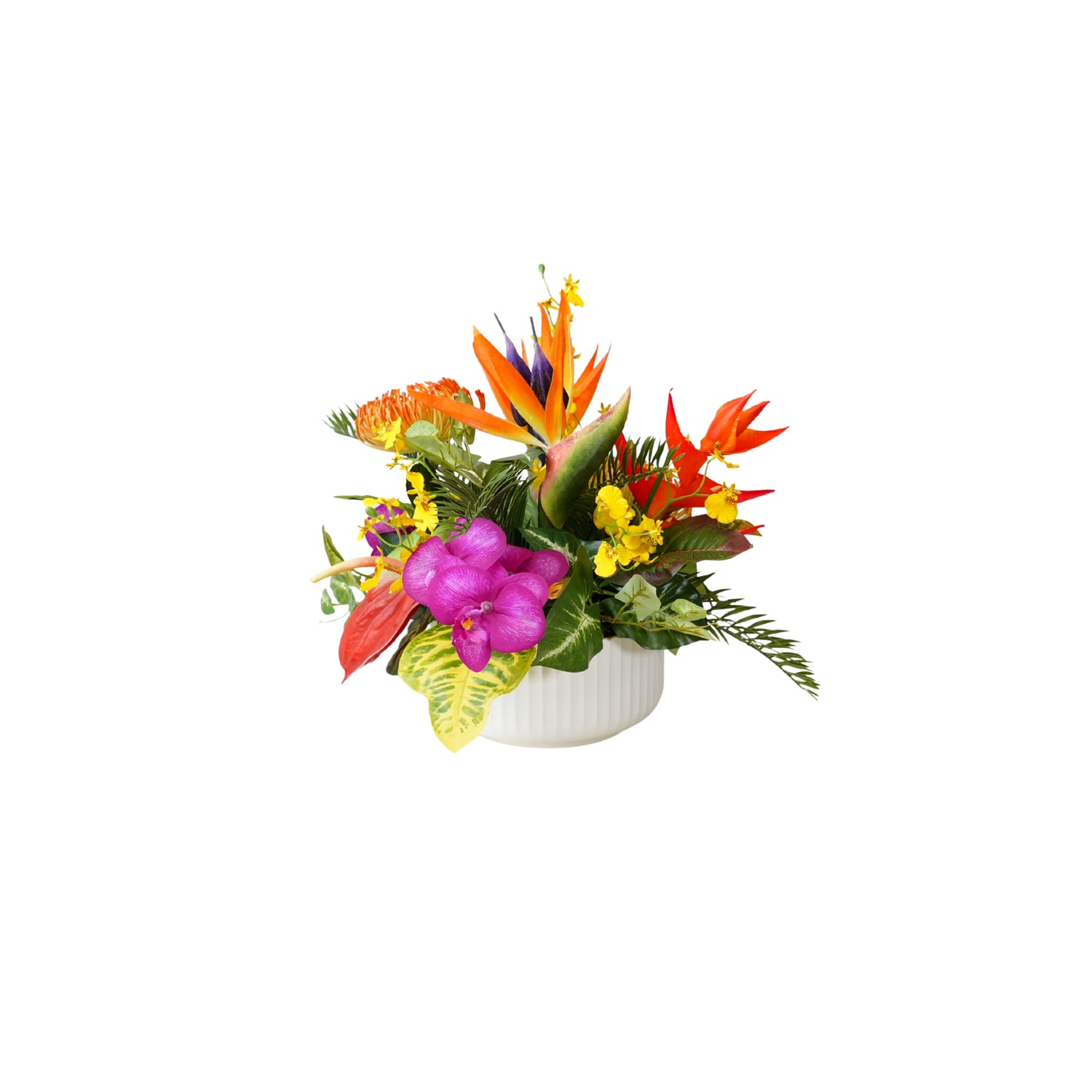 Tropical Artifical Flower Arrangement in Ribbed White Bowl #F-247