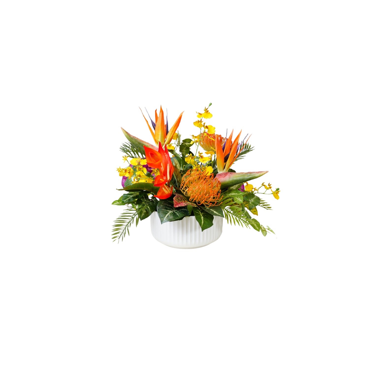 Tropical Artifical Flower Arrangement in Ribbed White Bowl #F-247