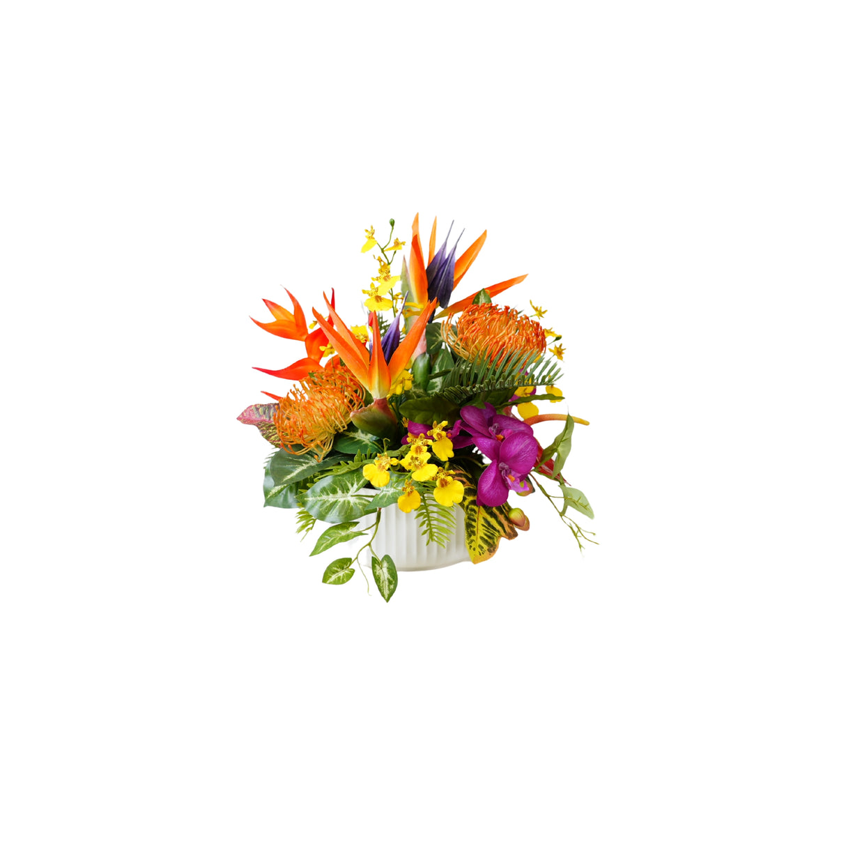 Tropical Artifical Flower Arrangement in Ribbed White Bowl #F-247