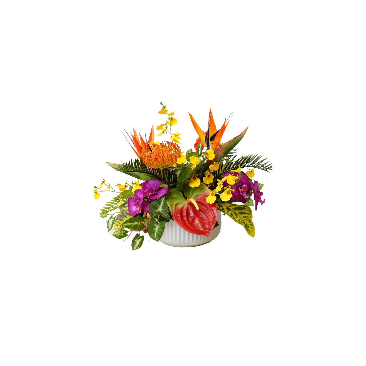 Tropical Artifical Flower Arrangement in Ribbed White Bowl #F-247