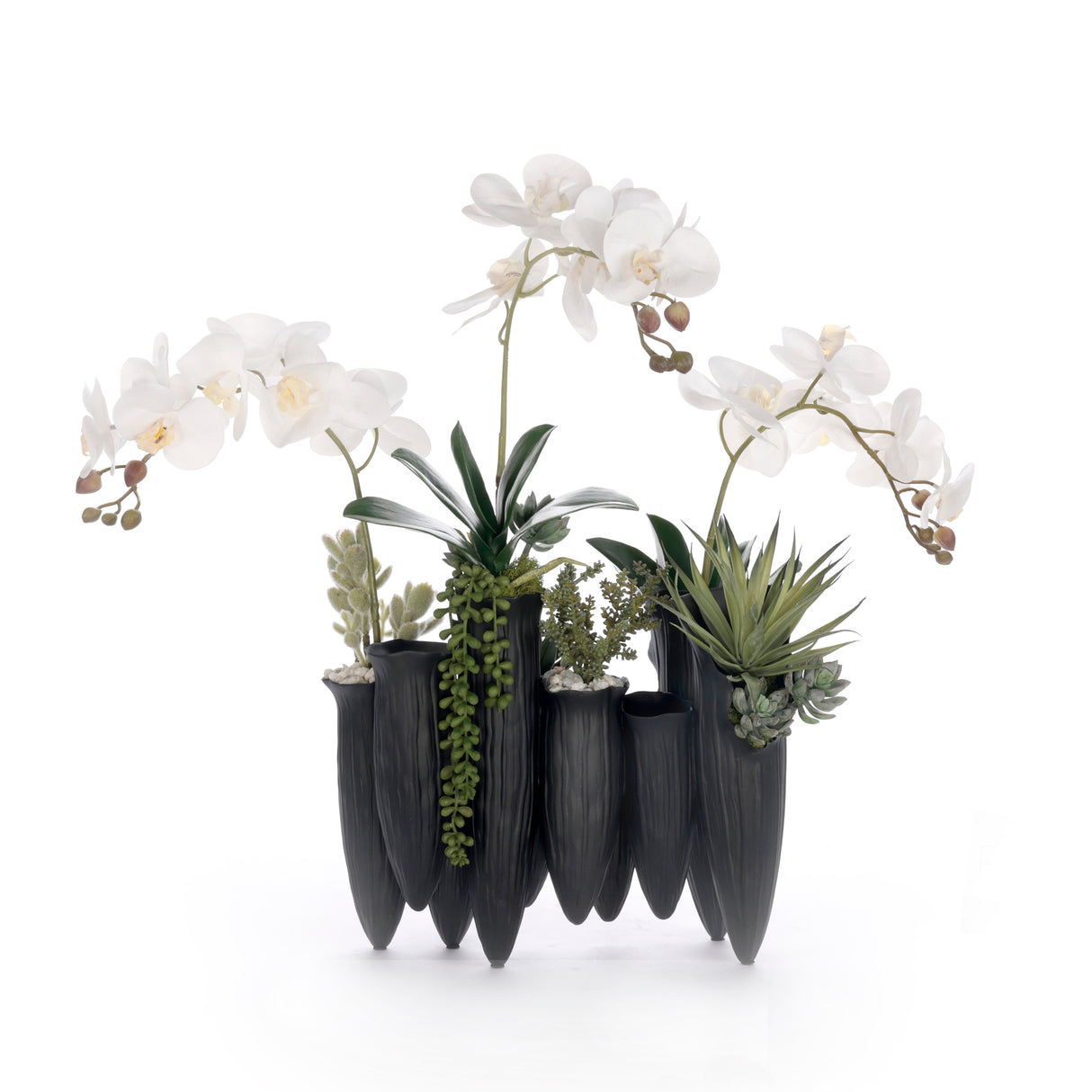 Real Touch White Orchid Succulent Floral in Black Pot #F-250