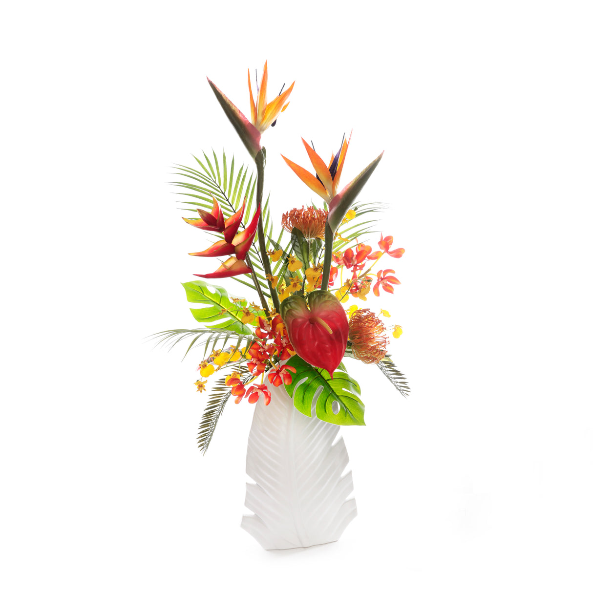 Tropical Flower Arrangement in White Leaf Vase #F-254