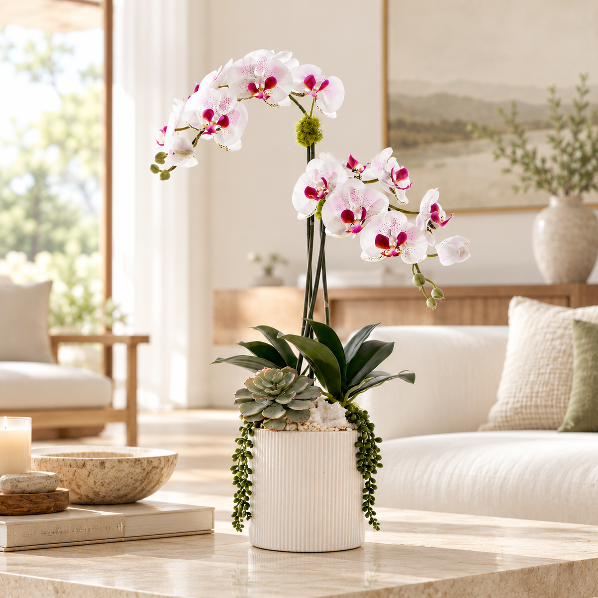 Faux Orchid Flowers w/Geodes, Succulent in White Ceramic Pot #F-256