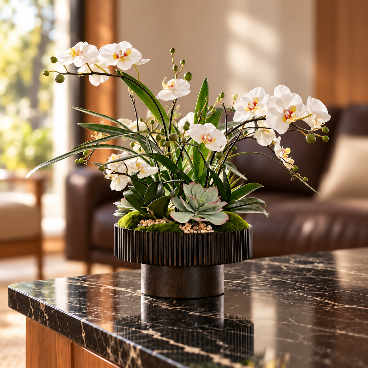 White Faux Orchids Center Piece in Wood Bowl #F-259