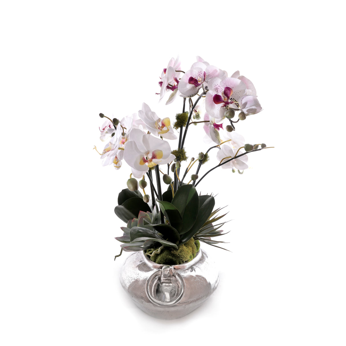 White/Mauve Faux Orchid Flower Arrangement Center Piece in Metal bowl #F-262