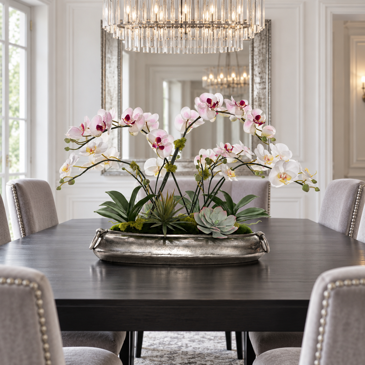 White/Mauve Faux Orchid Flower Arrangement Center Piece in Metal bowl #F-262