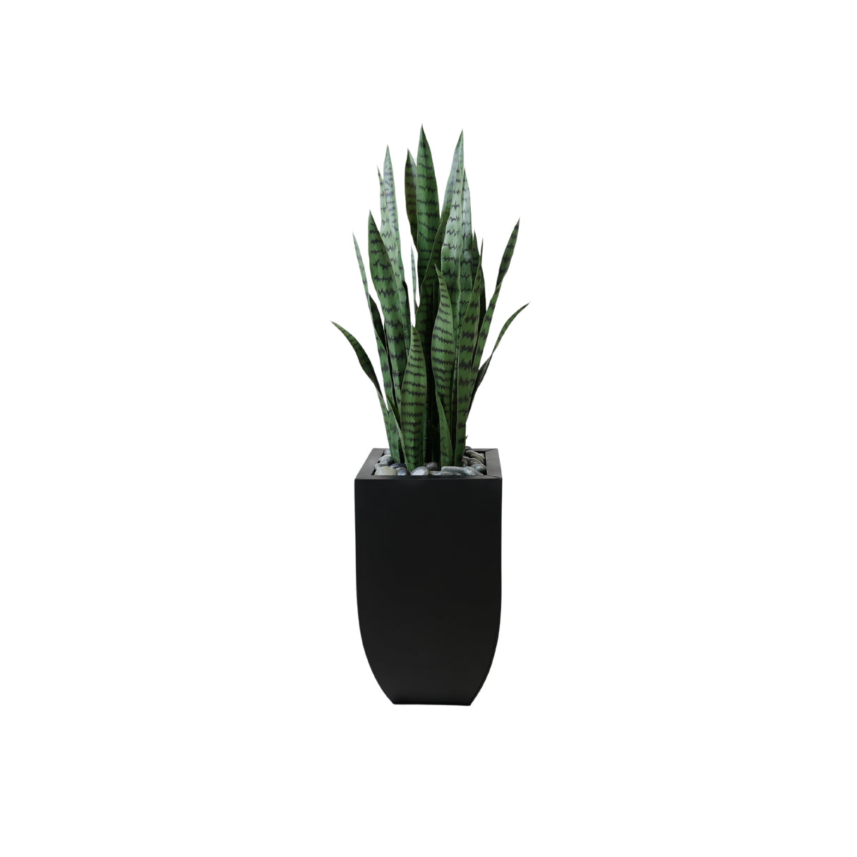 4'H Faux Sansevieria Plant with Rocks in Black Tin Planter #P-19