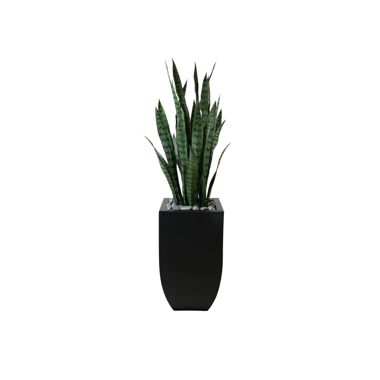 4'H Faux Sansevieria Plant with Rocks in Black Tin Planter #P-19