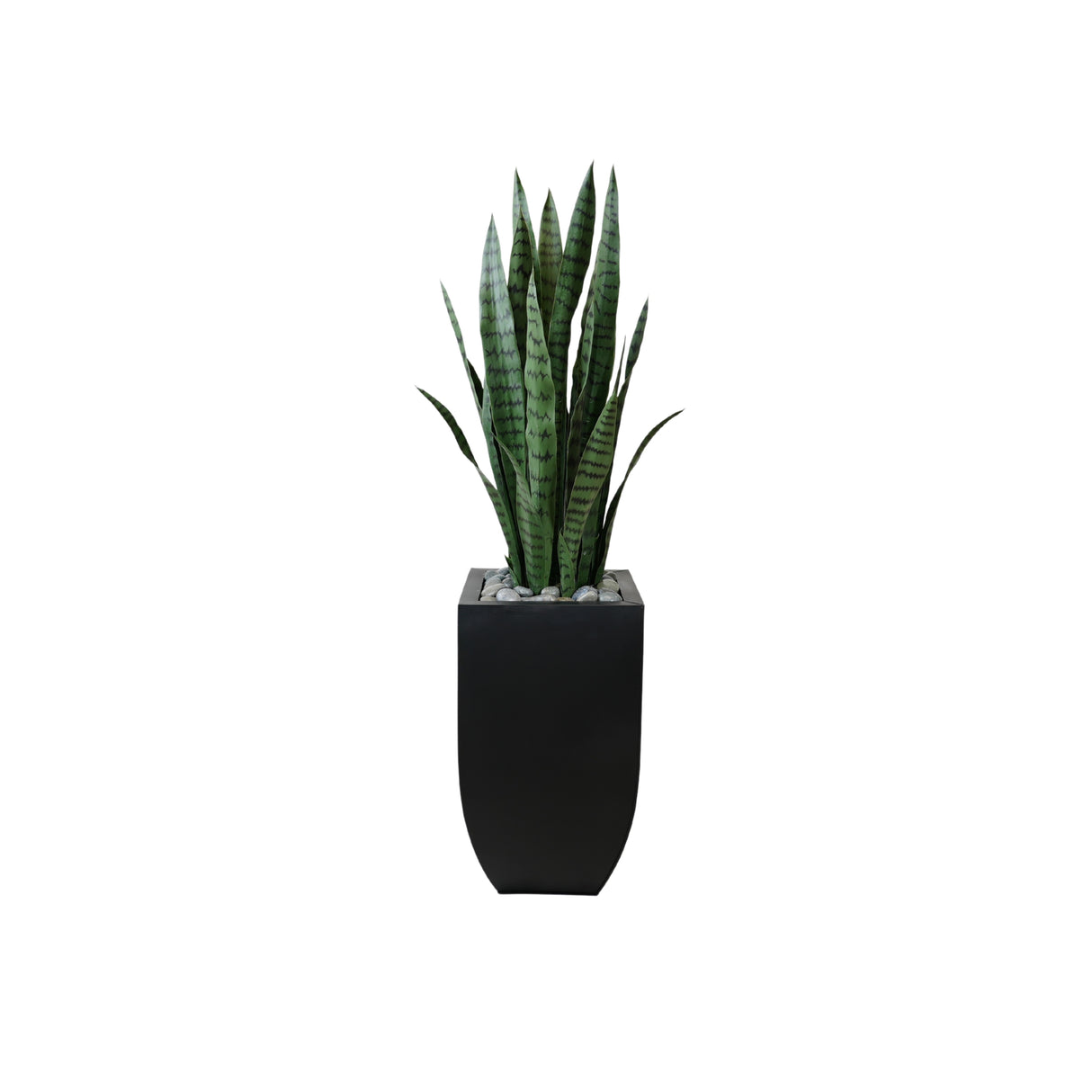 4'H Faux Sansevieria Plant with Rocks in Black Tin Planter #P-19