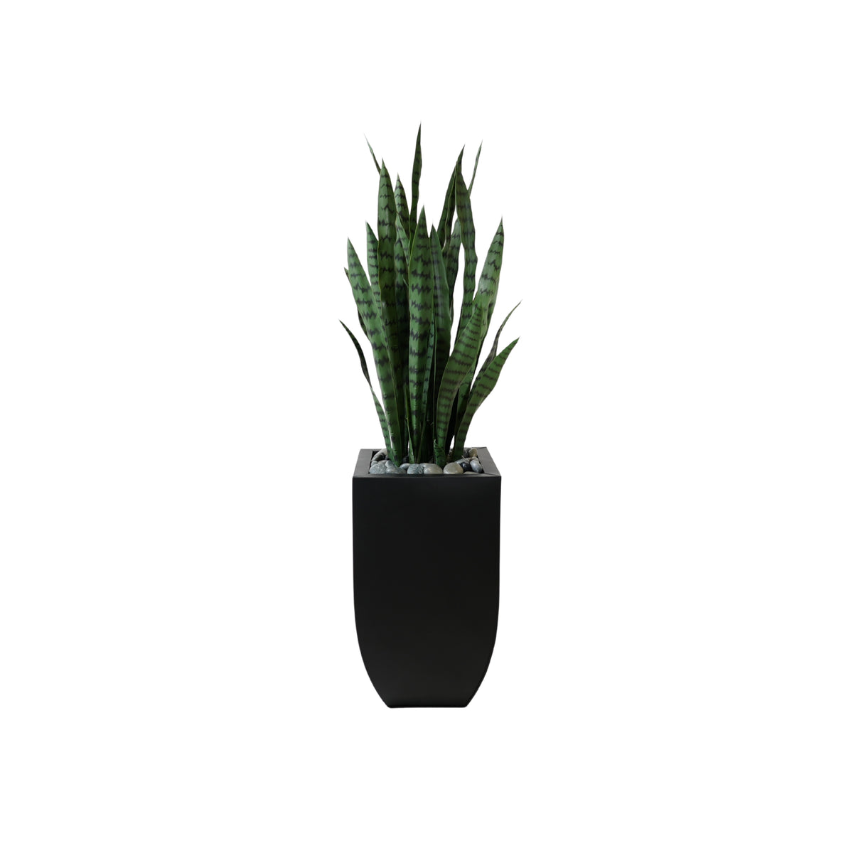 4'H Faux Sansevieria Plant with Rocks in Black Tin Planter #P-19