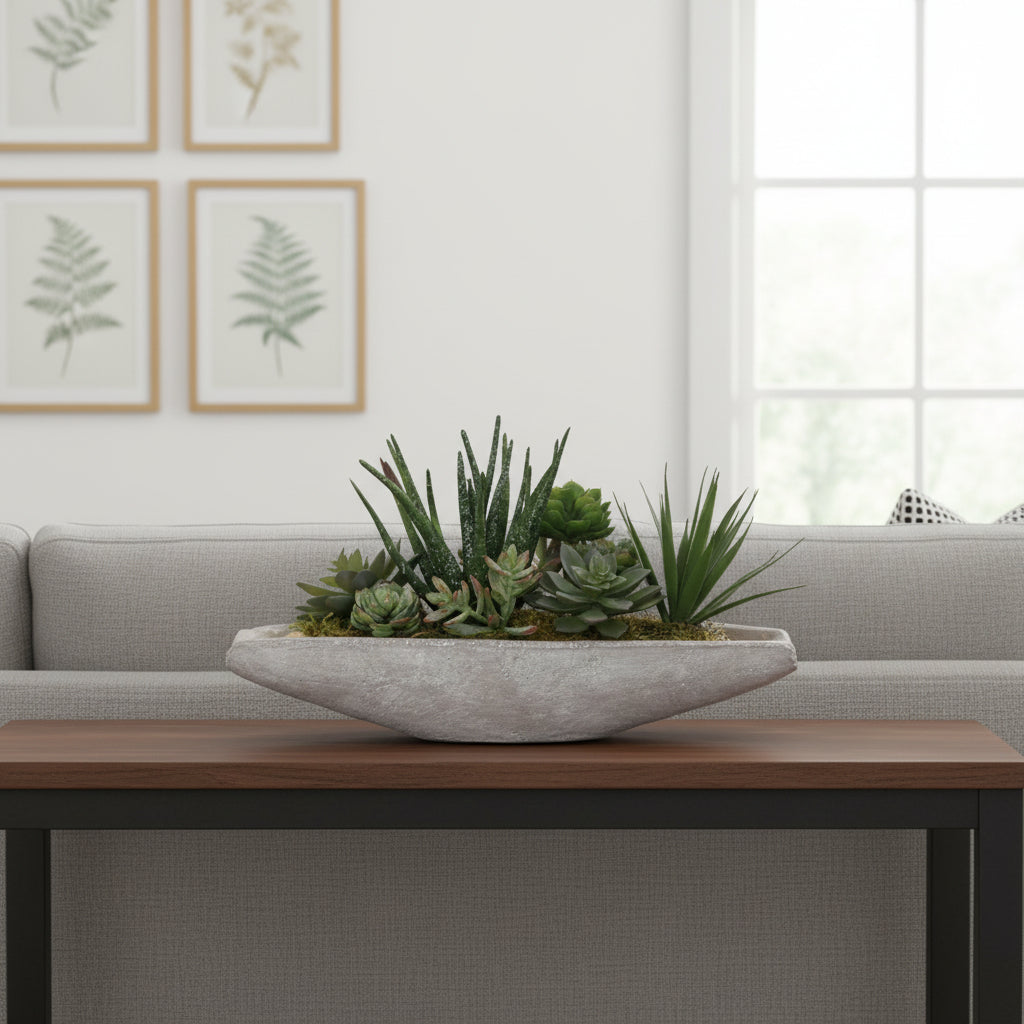 Jenny Silks Artificial Succulents Arrangement in Boat Shape Stone Wash Cement Pot #S-34