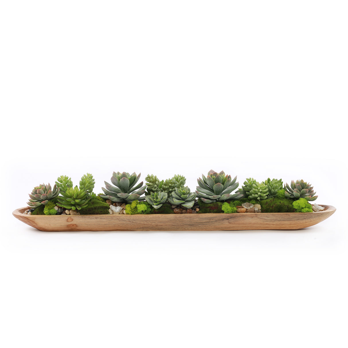 Cute Faux Succulents & Geodes Plant in Teak Ship Bowl #S-47