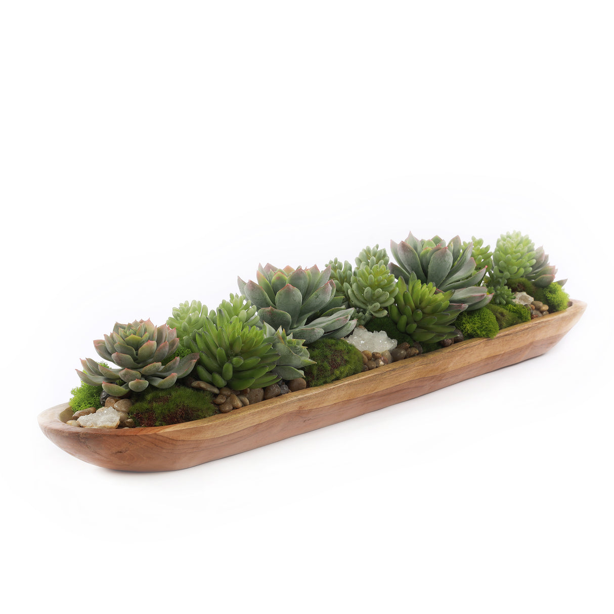 Cute Faux Succulents & Geodes Plant in Teak Ship Bowl #S-47