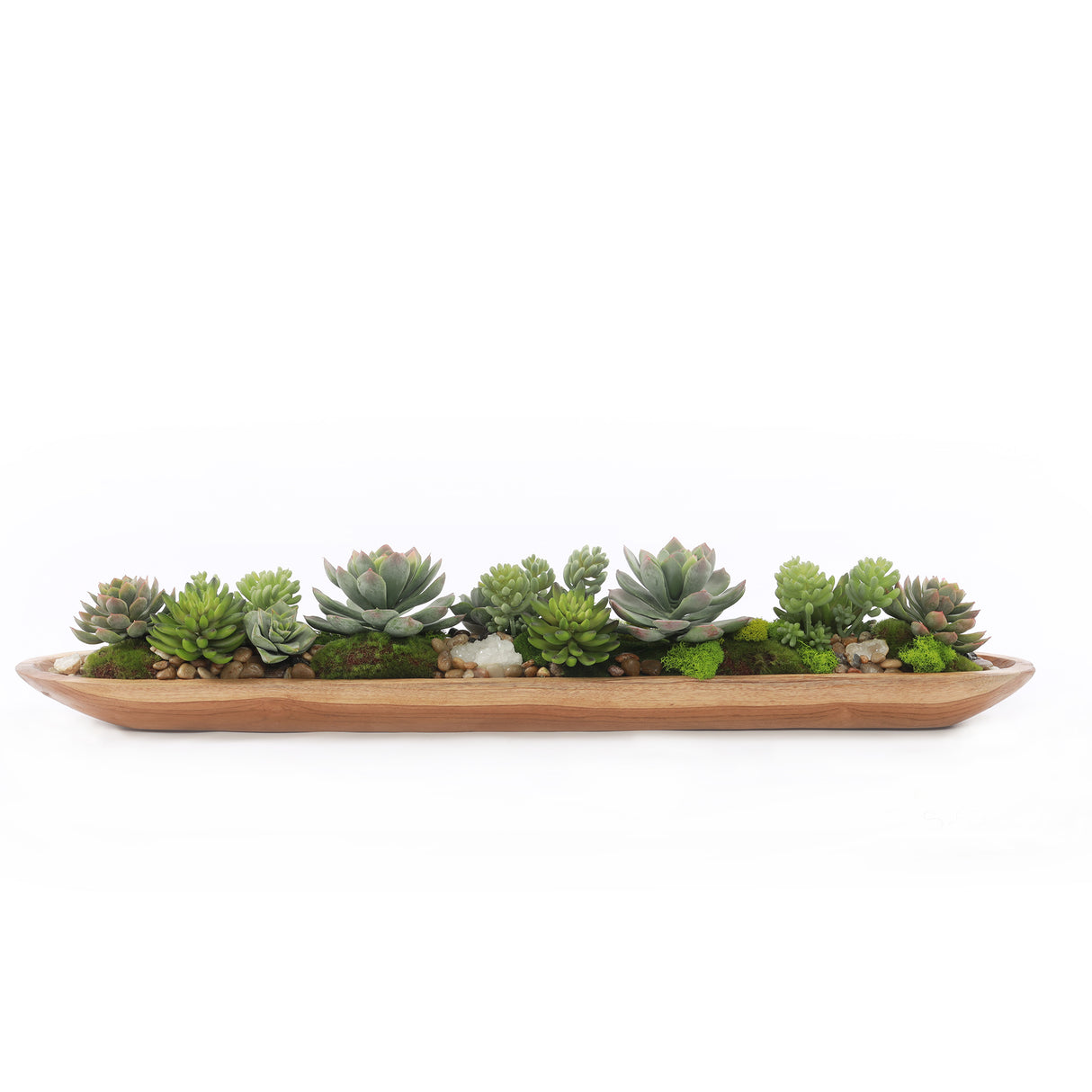 Cute Faux Succulents & Geodes Plant in Teak Ship Bowl #S-47
