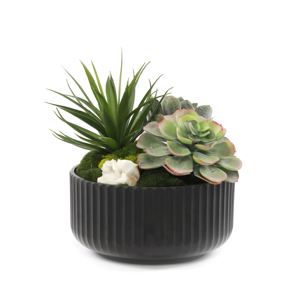 small black succulent pots Faux Succulents & Moss Arrangement in Ribbed Black Pot #S-48 – Jenny Silks