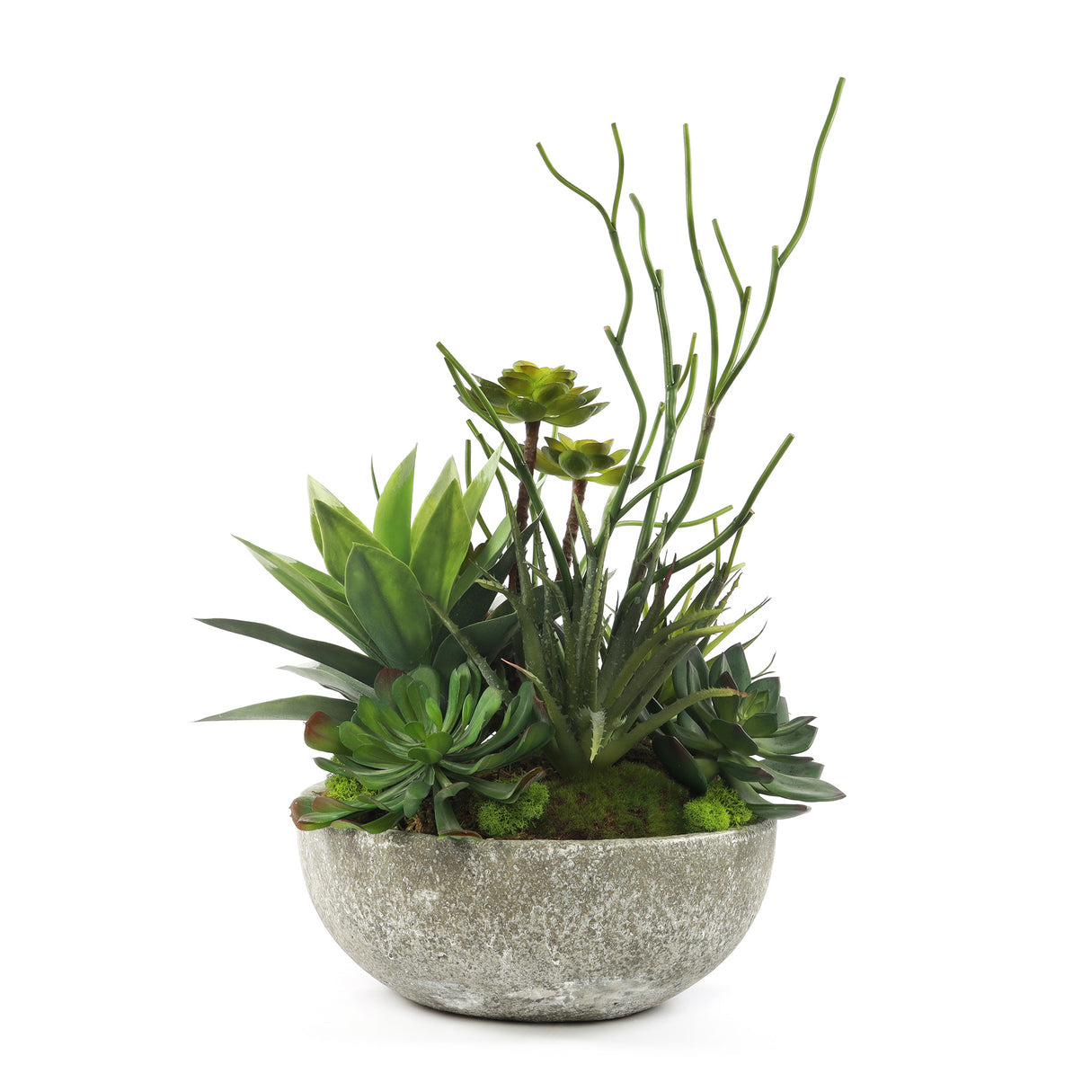 Faux Succulents & Agave Plant in Round Concrete Bowl #S-49