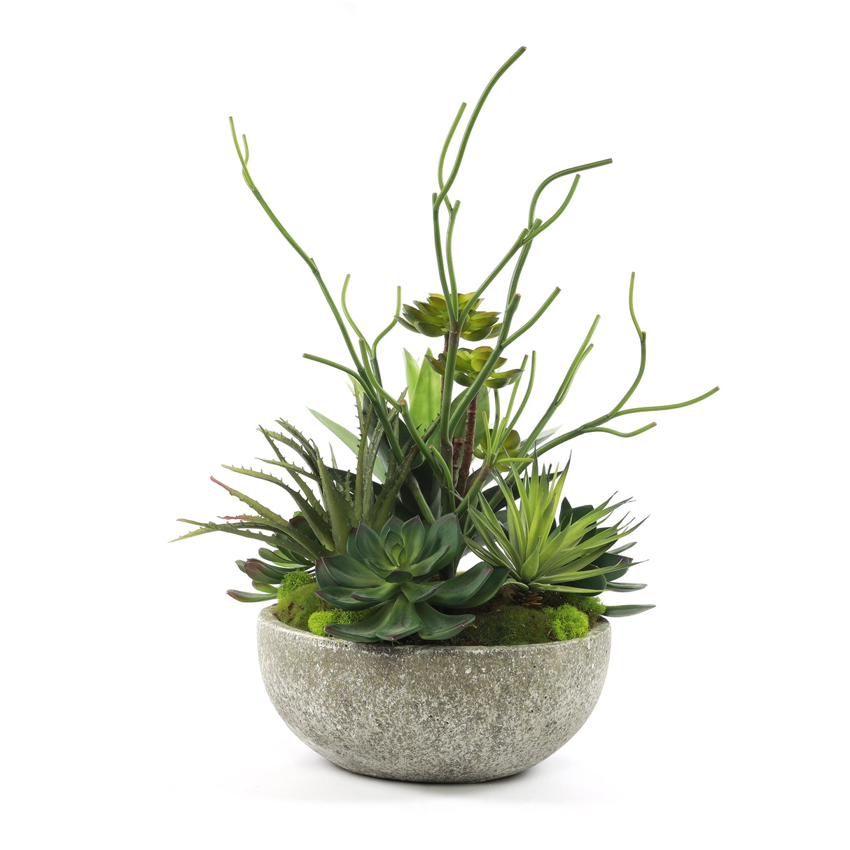 Faux Succulents & Agave Plant in Round Concrete Bowl #S-49