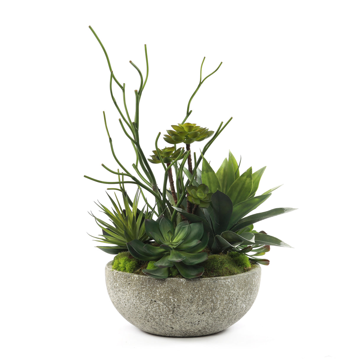 Faux Succulents & Agave Plant in Round Concrete Bowl #S-49