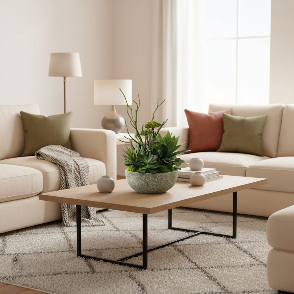 Faux Succulents & Agave Plant in Round Concrete Bowl #S-49