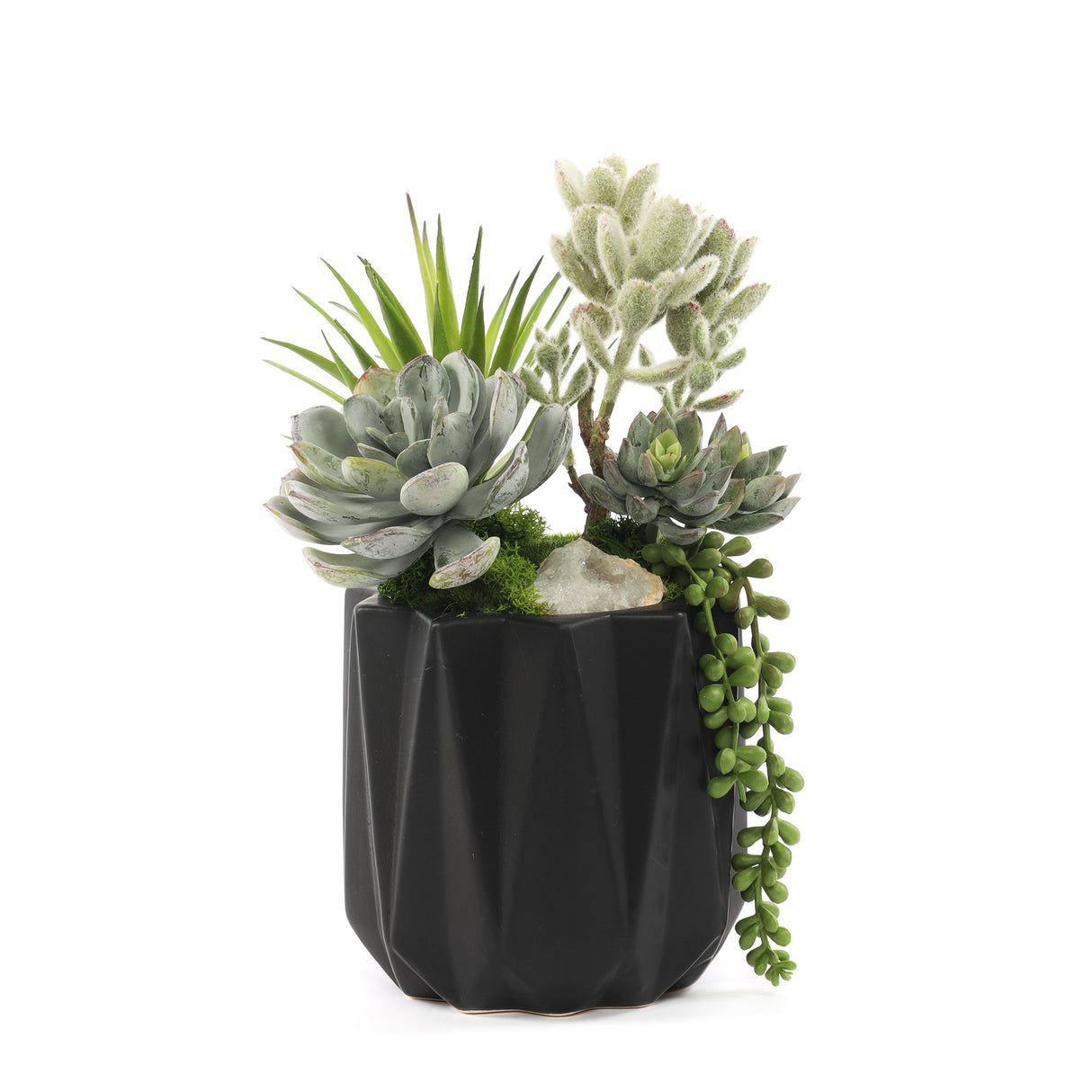 Faux Succulent & Geodes in Black Dimensional Pot #S-51