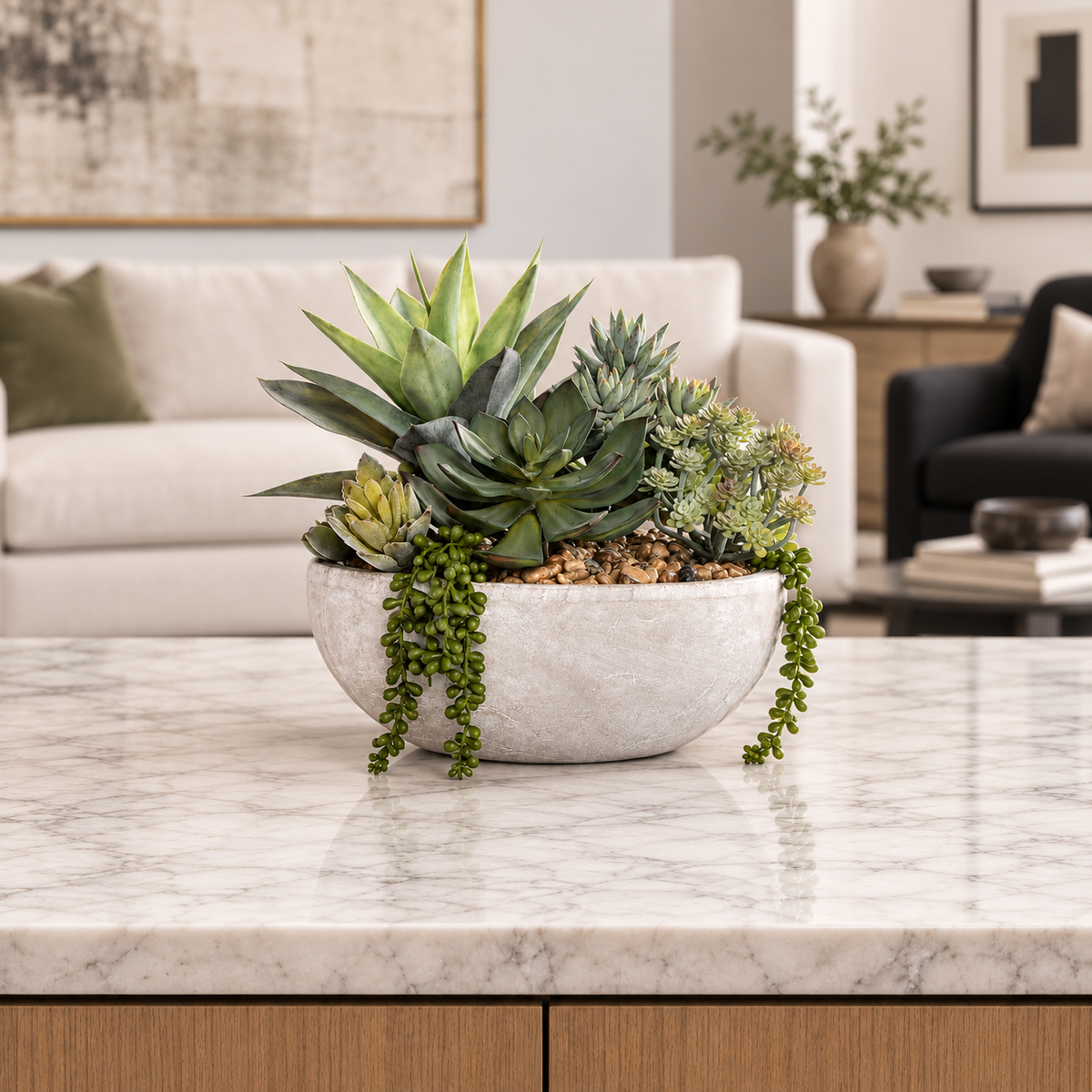 Succulents in Round Stone Wash Bowl #S-92