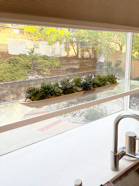 Cute Faux Succulents & Geodes Plant in Teak Ship Bowl #S-47